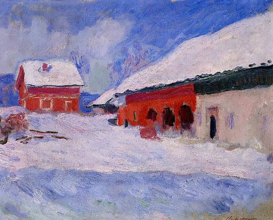 Monet-RedHousesatBjornegaardintheSnowNorway1