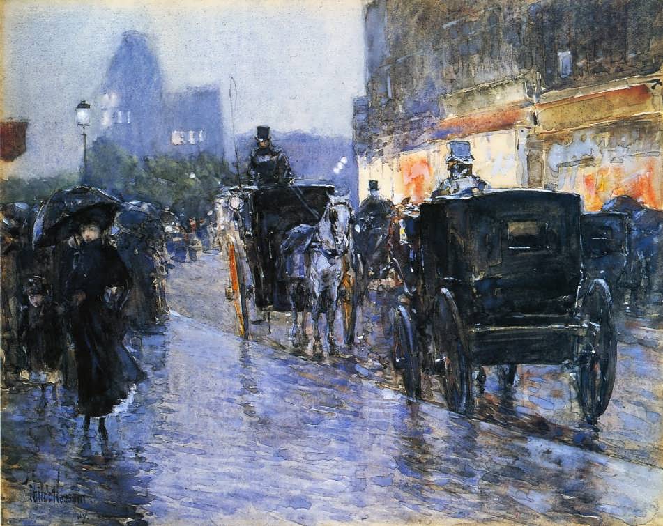 FrederickChildeHassam-HorseDrawnCabsatEveningNewYork