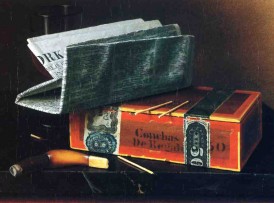 STILL LIFE WITH CIGAR, PIPE, NEW YORK HERALD AND WINE GLASS