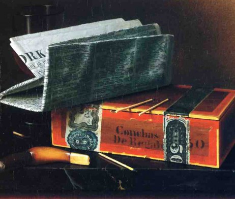 STILL LIFE WITH CIGAR, PIPE, NEW YORK HERALD AND WINE GLASS